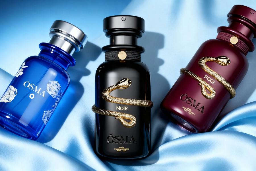 أوسما — ثلاث زجاجات عطر على قماش ساتان أزرق