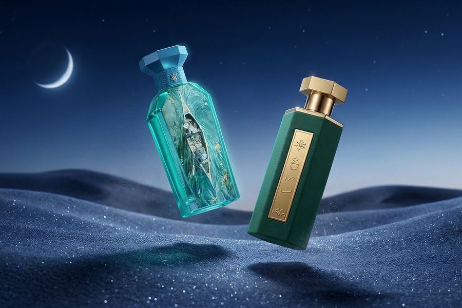 عطور ريف — زجاجتا عطر فوق كثبان رملية تحت هلال في الليل