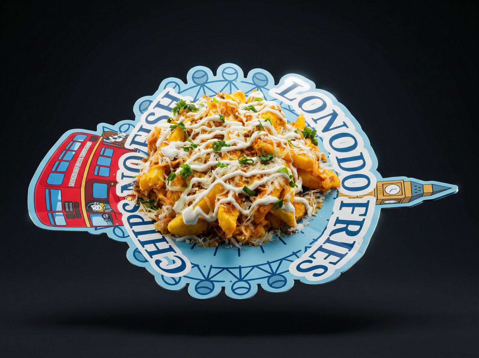 طبق London Fries برسومات عجلة لندن والباص الأحمر وبيغ بن