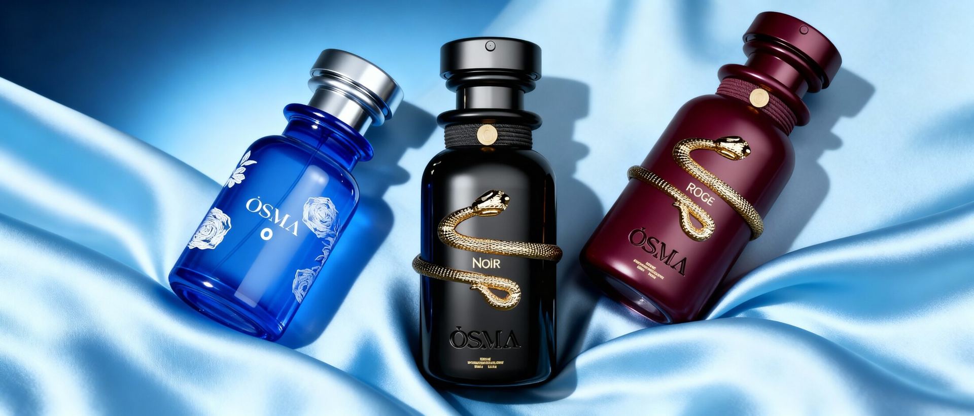 أوسما — ثلاث عبوات عطر زرقاء وسوداء وعنابية على حرير أزرق