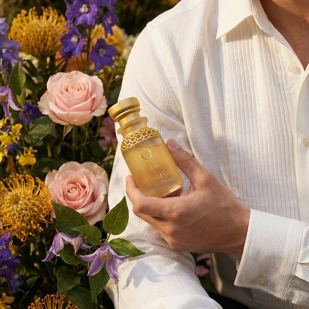 أوسما — رجل يحمل عطراً صيفياً بين الزهور