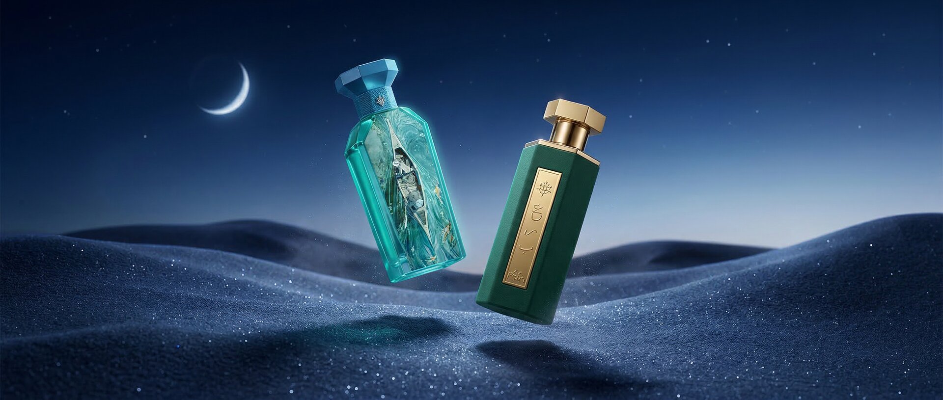 عطور ريف — عبوتان في كثبان رملية ليلية تحت الهلال