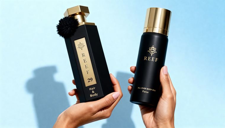 عطور ريف — يدين ماسكة زجاجة عطر سوداء وبخاخ جسم على خلفية زرقاء